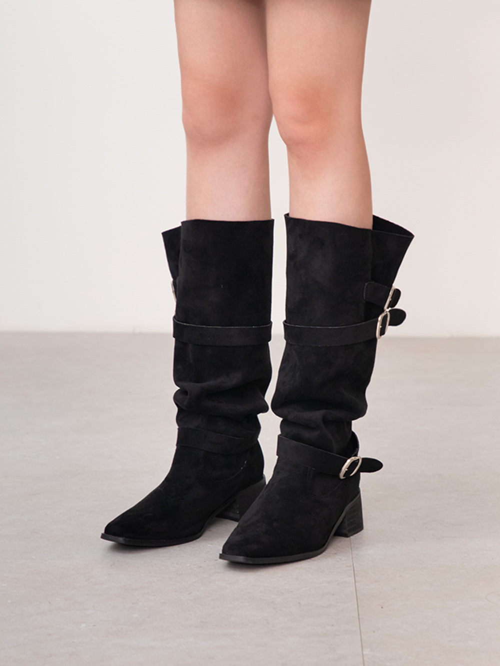 歐美街拍釦環尖頭中筒靴 黑色