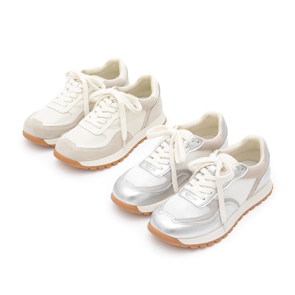 Leather-Spliced Casual Sneakers Beige