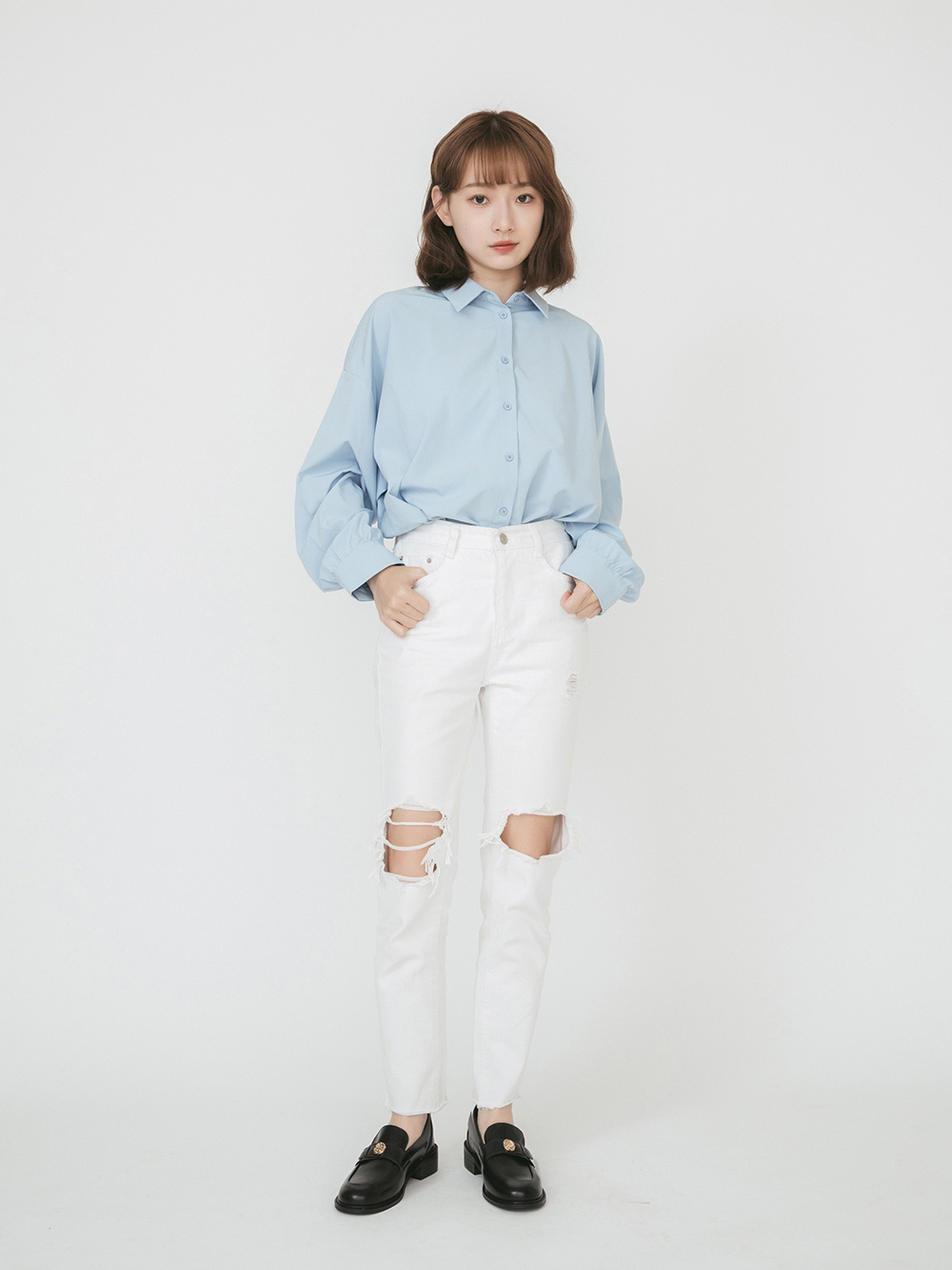 優雅少女．山茶花金飾低跟樂福鞋 時尚黑