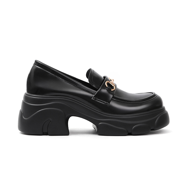 Trendy Horsebit Chunky Sole Loafers Black Patent