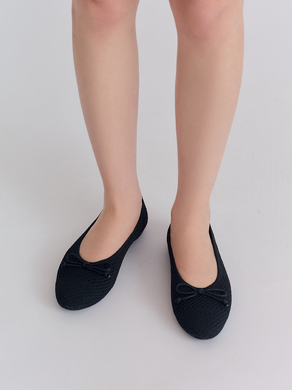 【3D零感雲織鞋】蝴蝶結圓頭芭蕾娃娃鞋 午夜黑