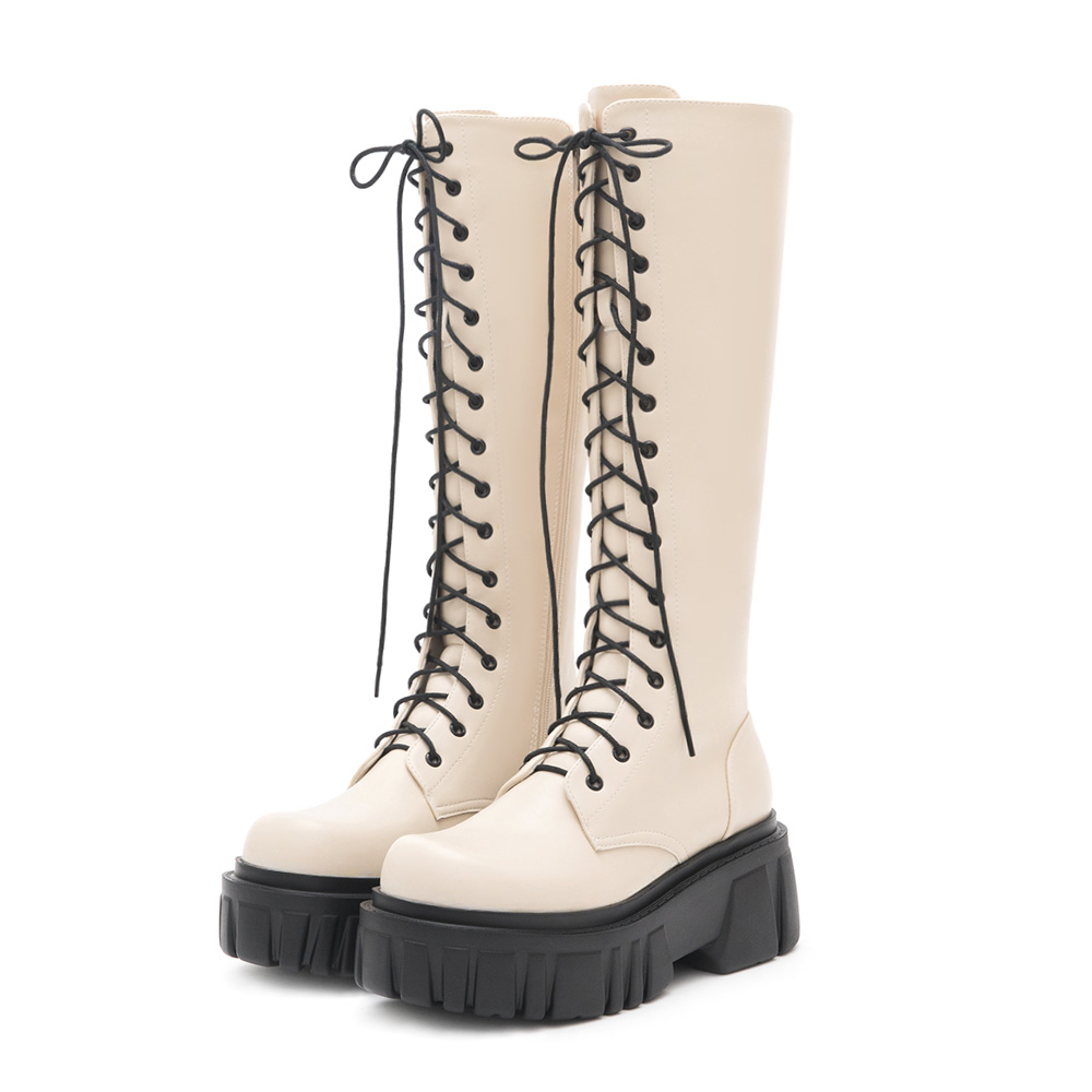 Lightweight Lug-Sole Lace-Up Boots Beige