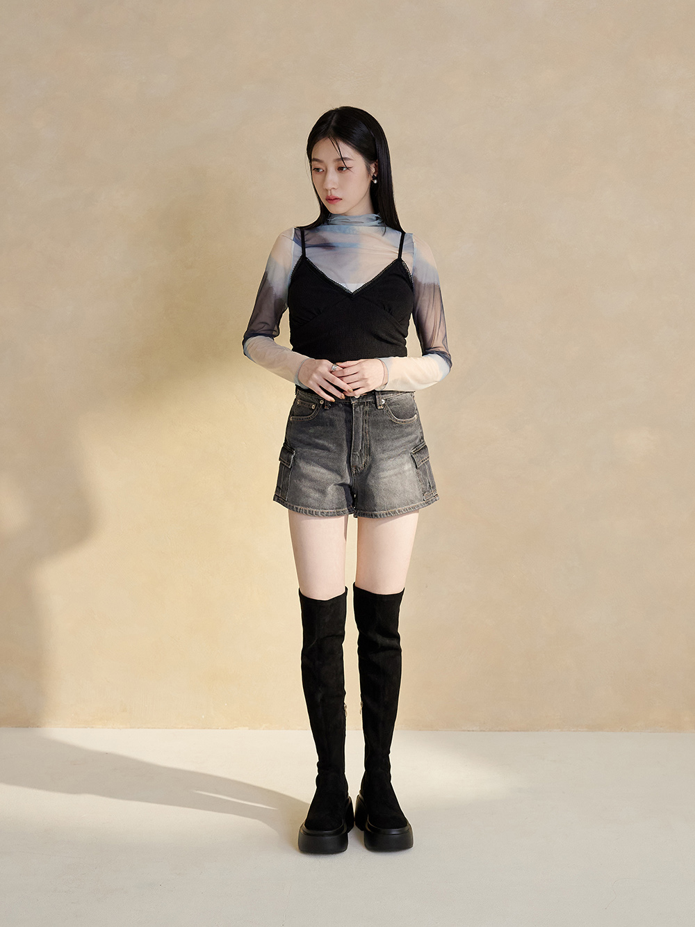 超激瘦.Plus級加厚鬆糕底瘦瘦膝上靴 質感黑絨