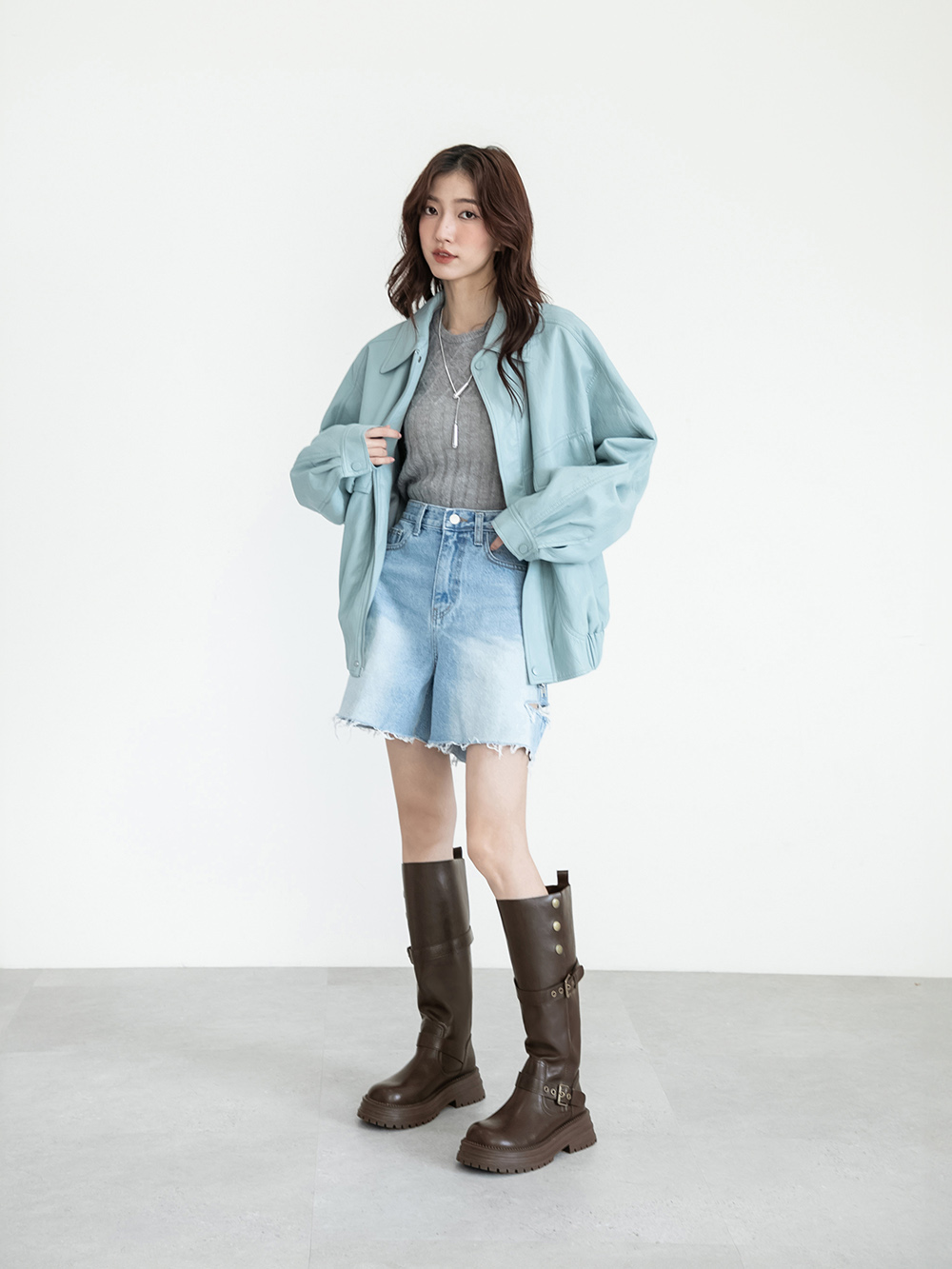 復古騎士釦環排釦機車長靴 咖啡