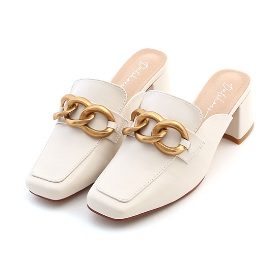 Chain-Embellished Mid Heel Mules Vanilla