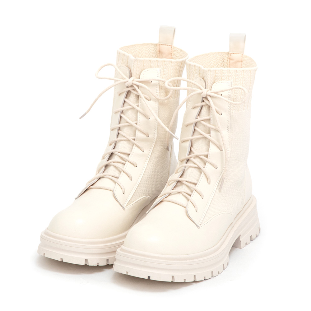 個性boy風針織拼接綁帶短靴 米白色