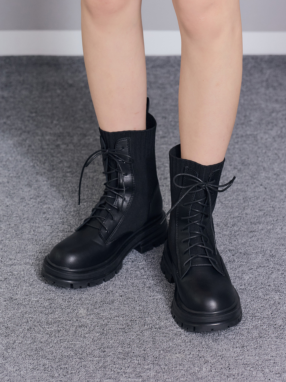 個性boy風針織拼接綁帶短靴 黑色