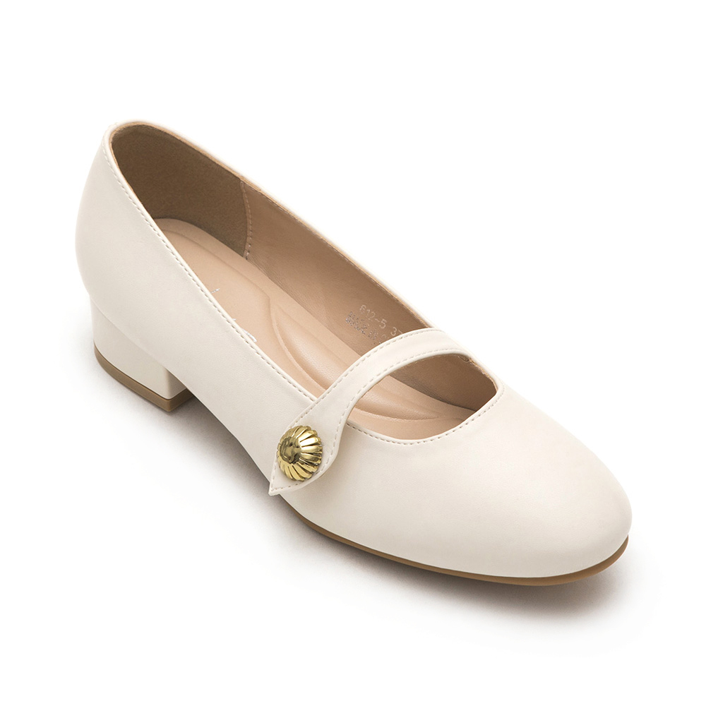 Sunflower Buckle Low-Heel Mary Jane Shoes Beige