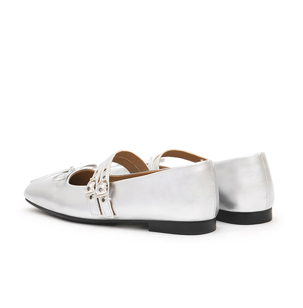 Punk Metal Double Buckle Ballet Flats Silver