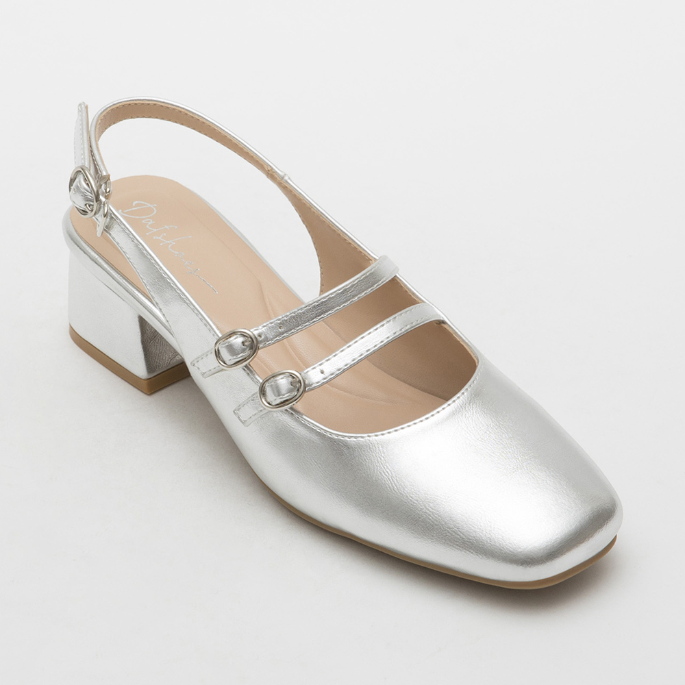 Patent Leather Double Strap Low-Heel Slingback Mary Jane Shoes Silver