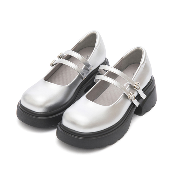 甜蜜愛心釦雙帶輕量瑪莉珍鞋 銀