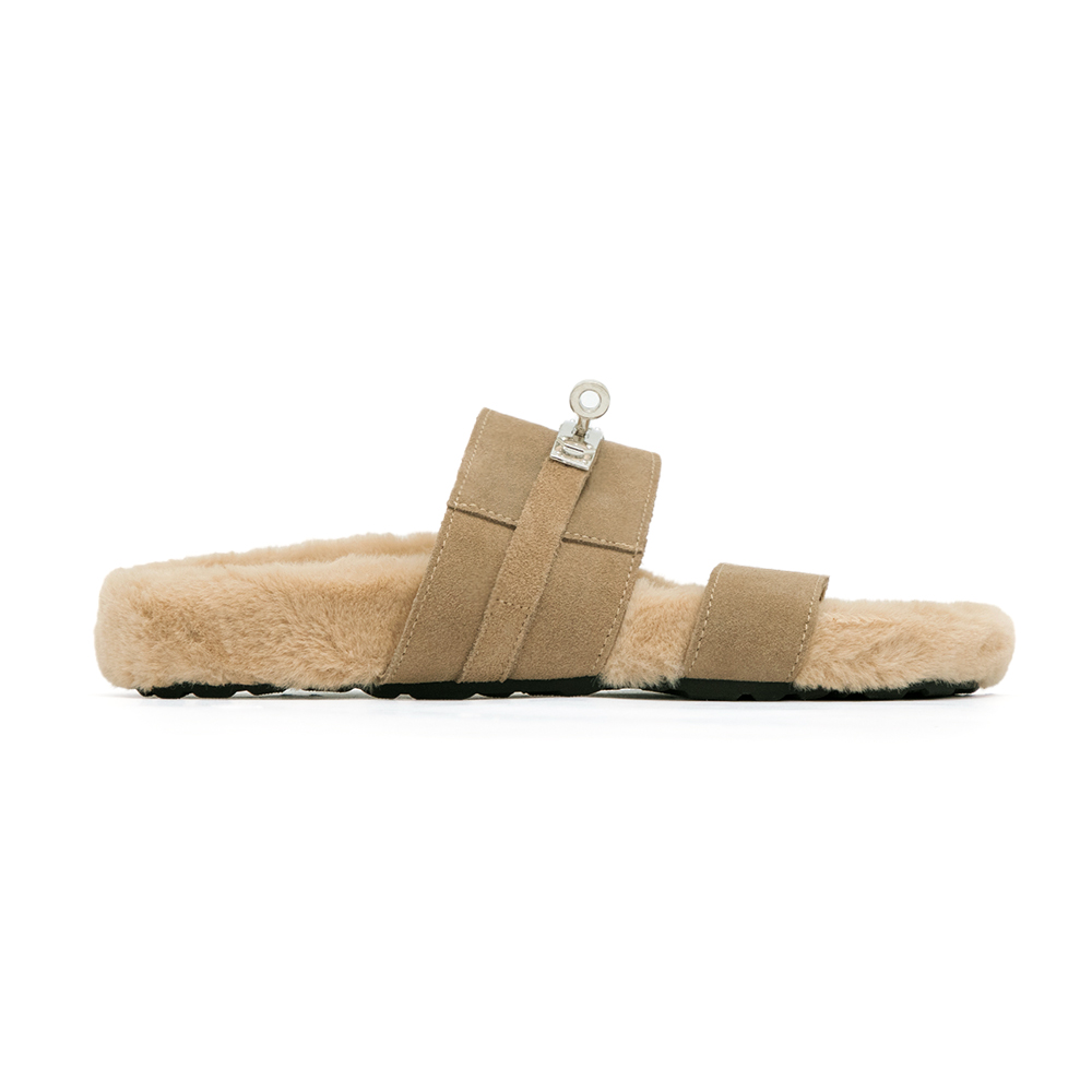 質感金屬鎖釦真皮毛毛拖鞋 杏色