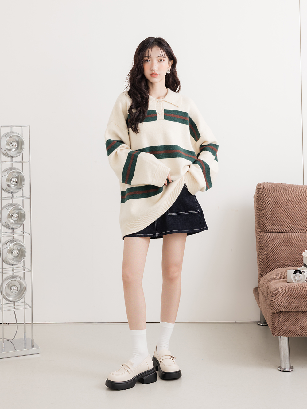 全日舒適小方塊厚底樂福鞋 米白色