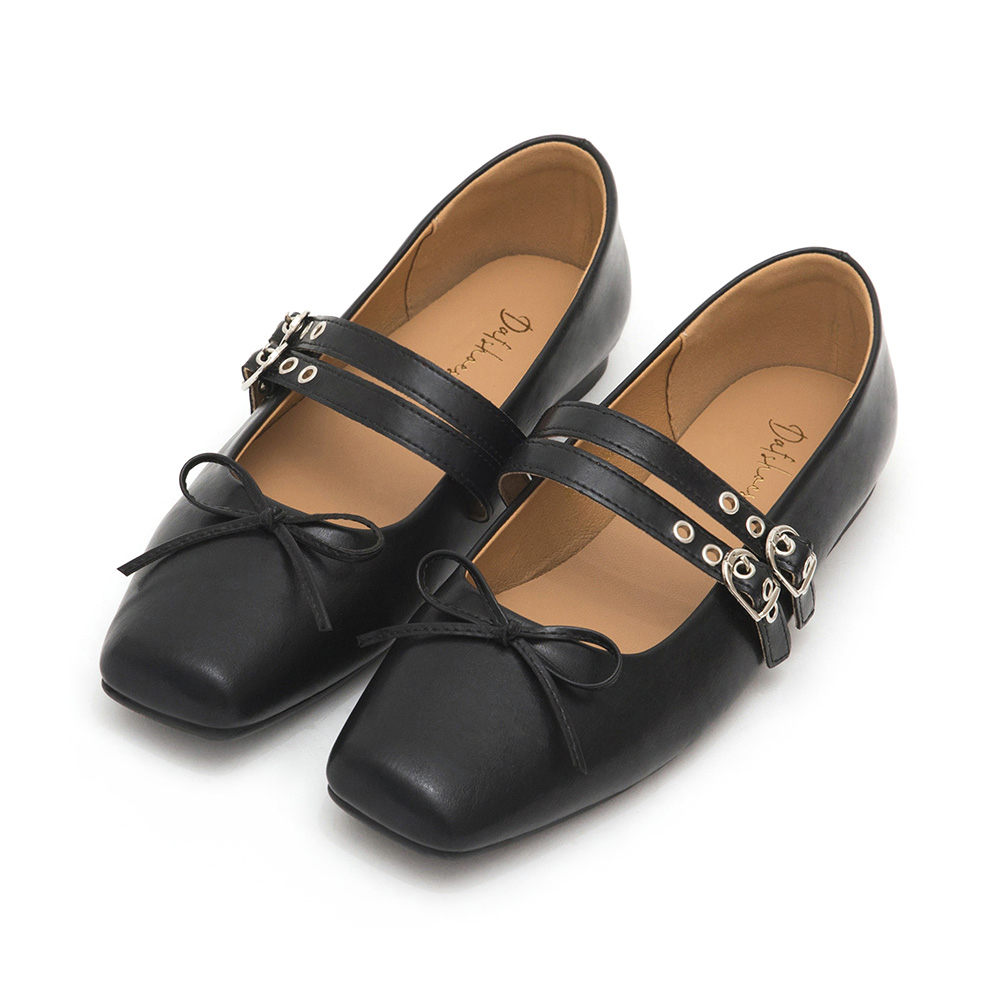 Punk Metal Double Buckle Ballet Flats Black