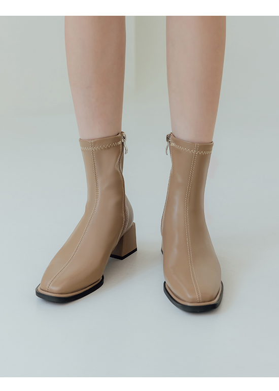 Square Toe Mid-Heel Slimming Boots Beige