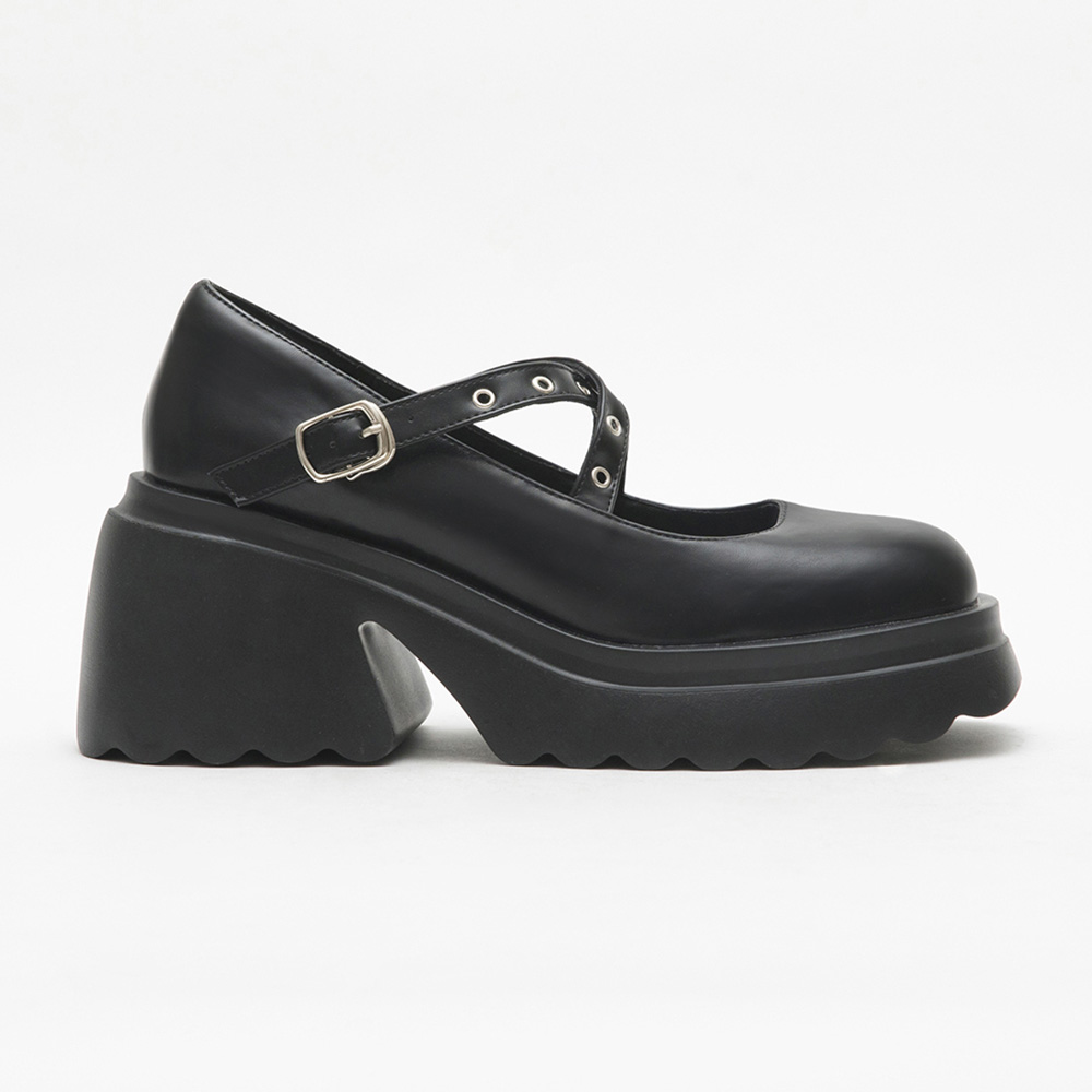 Metallic Cross-Straps Thick Sole Mary Jane Shoes Black