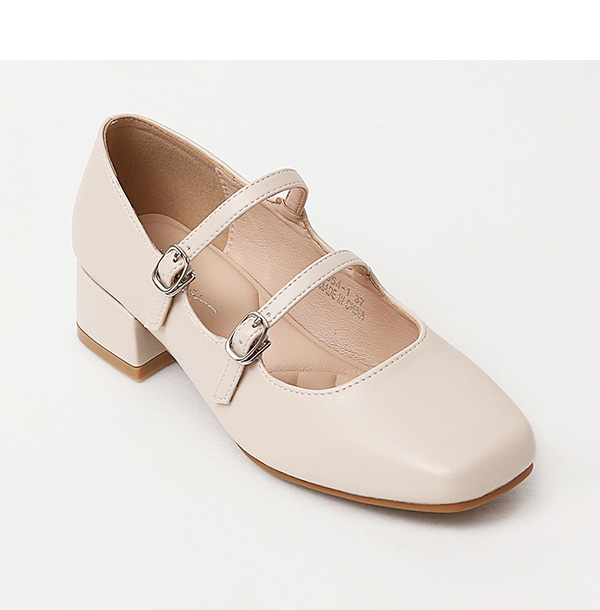 4D Cushioned Double-strap Low Heel Mary Jane Shoes Vanilla
