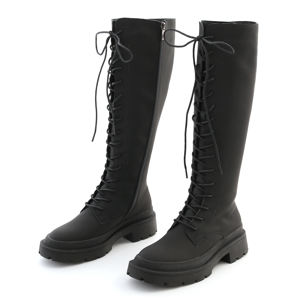 Track Sole Lace-up Under-The-Knee Boots Black