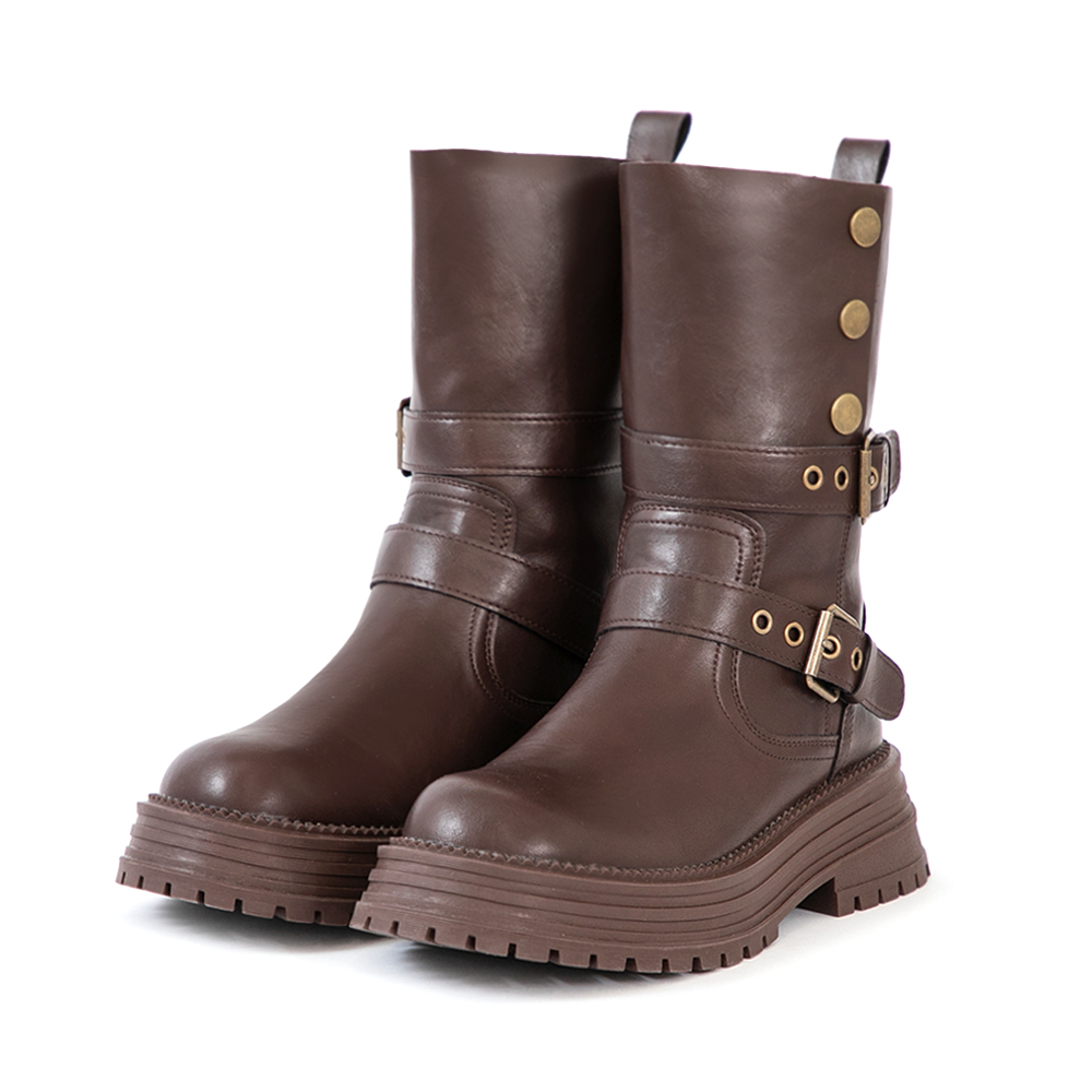 復古騎士釦環排釦機車短靴 咖啡