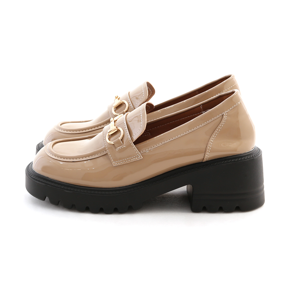 Patent Leather Horsebit Thick Sole Lightweight Loafers Beige