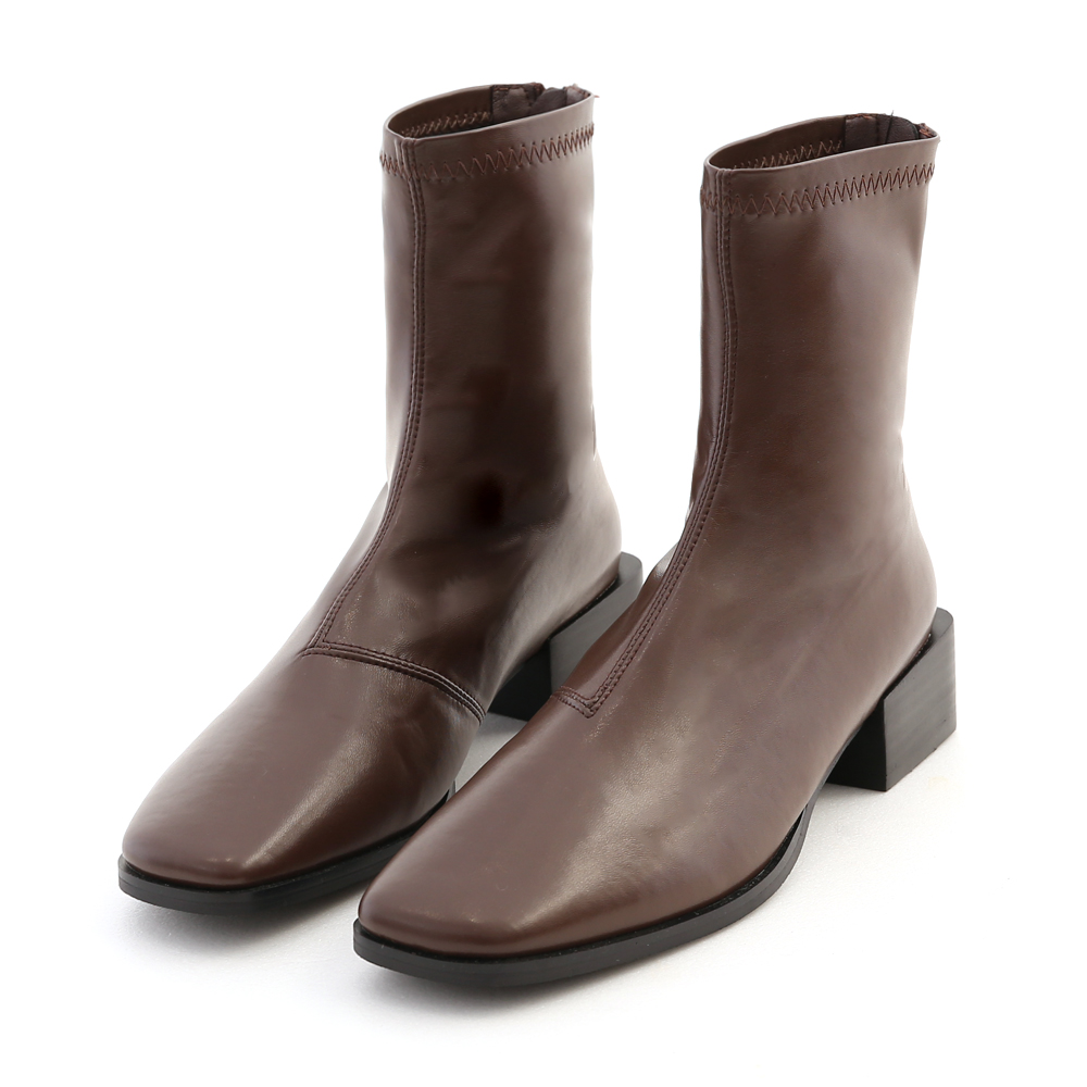 Soft Leather Square Toe Low Heel Boots Dark Brown