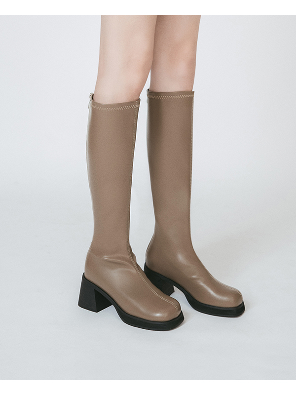 Round Toe Block Heel Slimming Boots Mocha grey