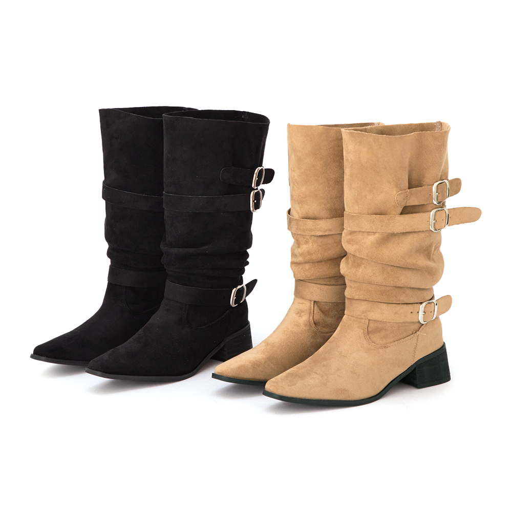 全場焦點絨面釦環尖頭中筒靴 黑色