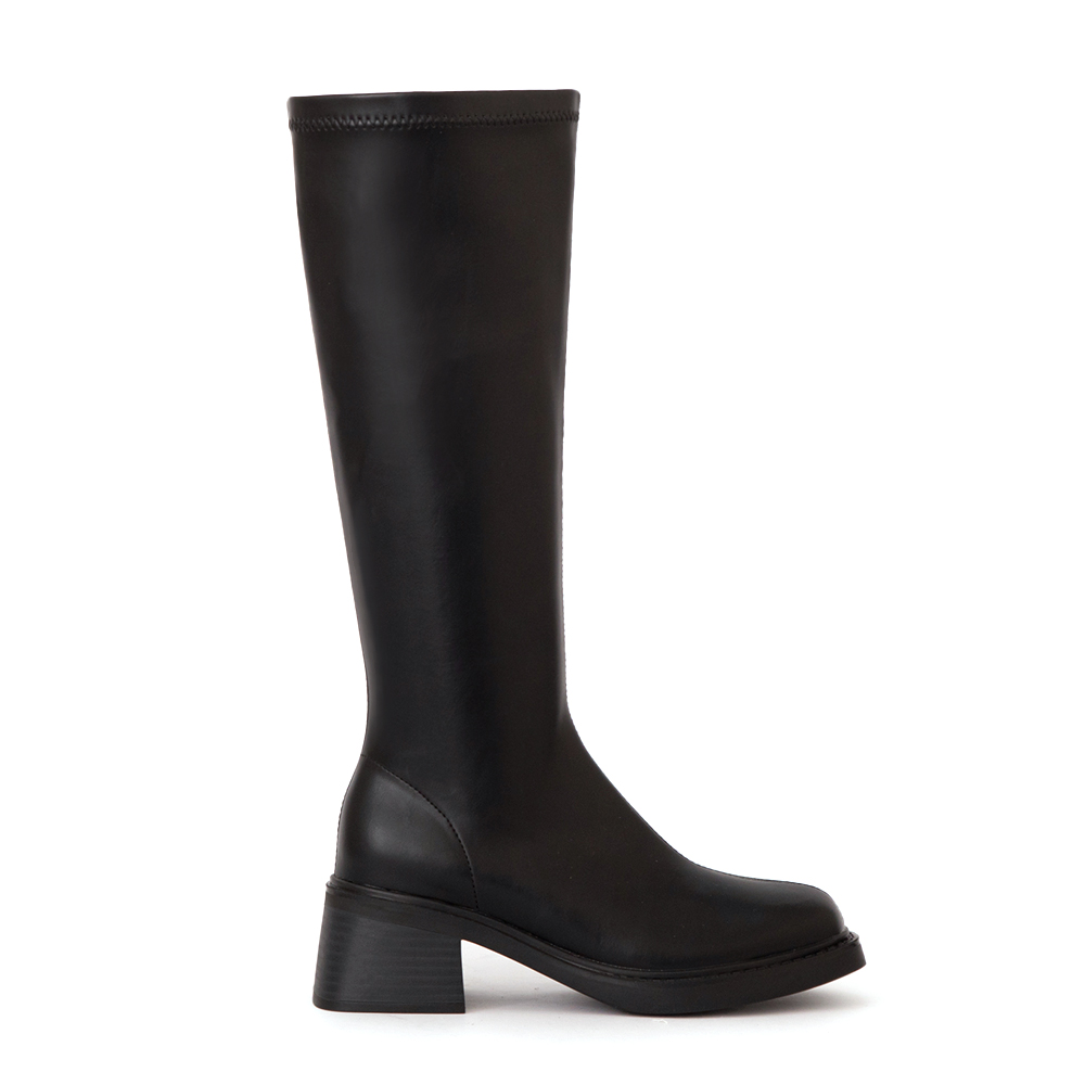 黃金比例方頭木紋跟瘦瘦長靴 黑色