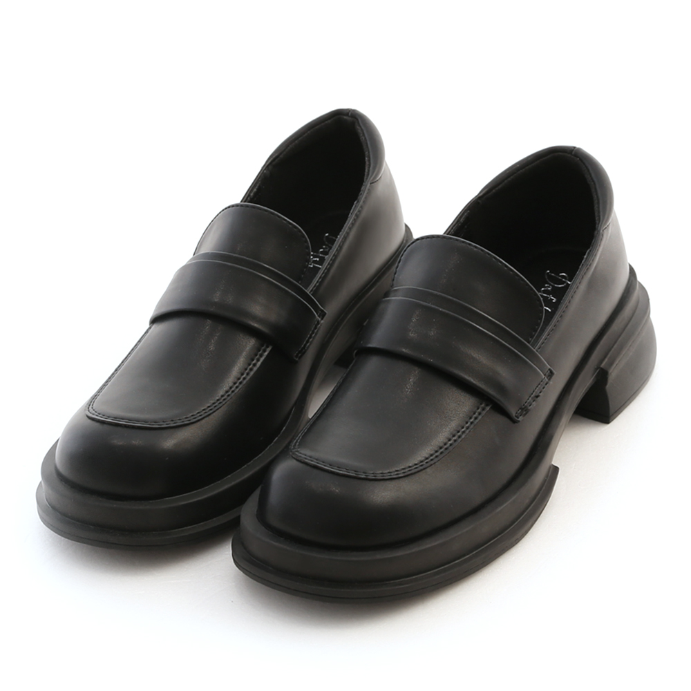 Plain Thick Sole Square Toe Loafers Black