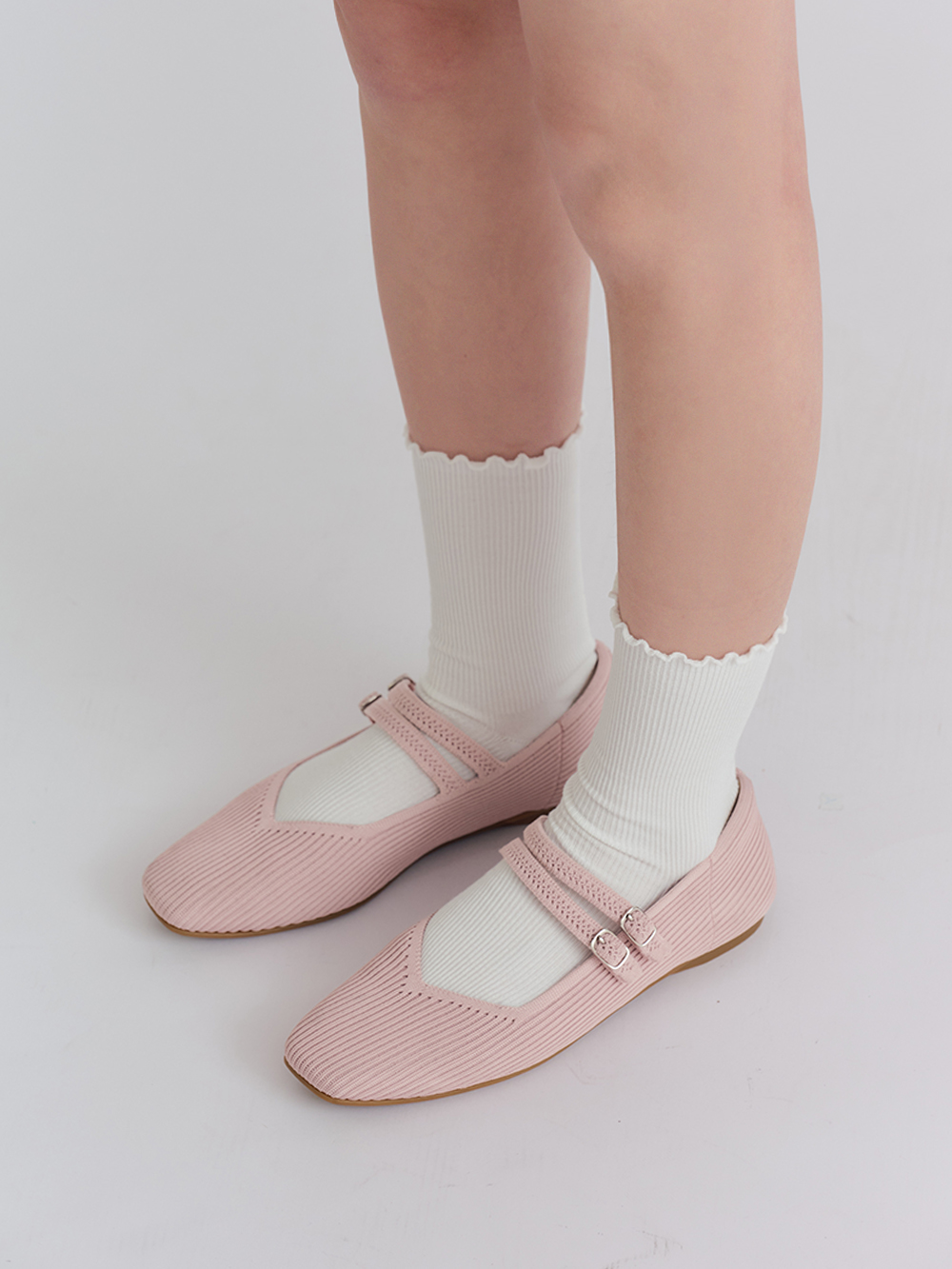 【3D零感雲織鞋】雙帶方頭瑪莉珍鞋 裸膚粉