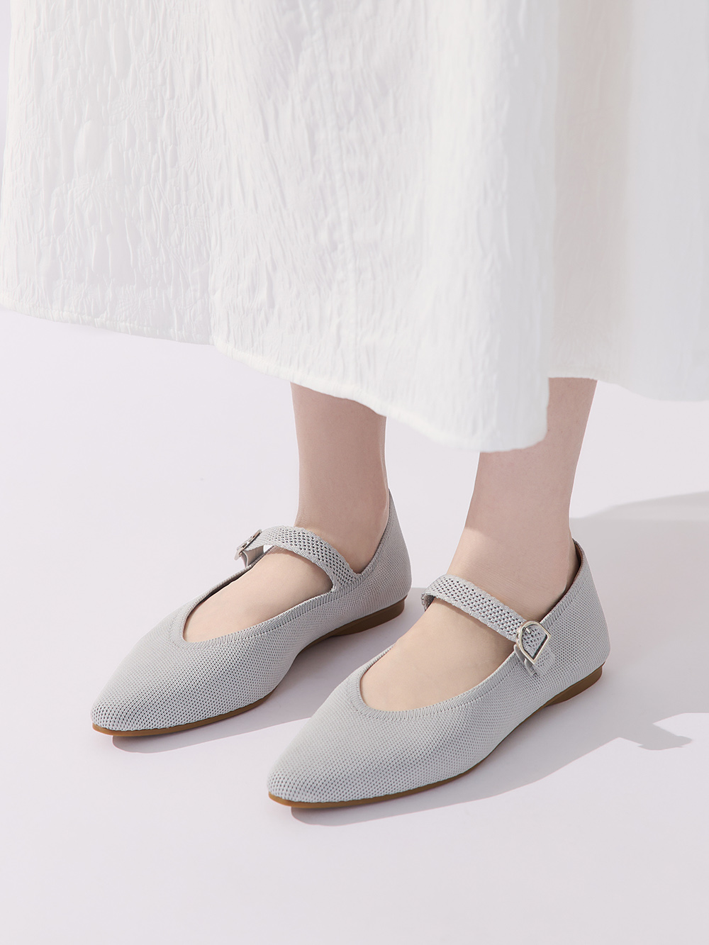 【3D零感雲織鞋】尖頭瑪莉珍鞋 象牙灰