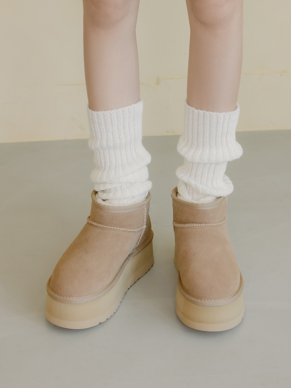 冬戀5cm增高底真皮短筒雪靴 沙色
