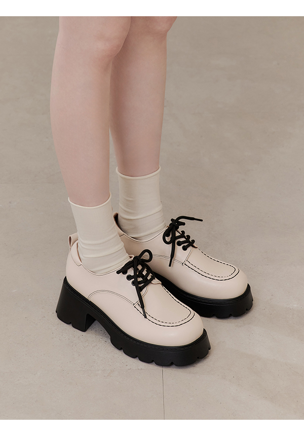 Retro Square Toe Chunky Oxfords Beige