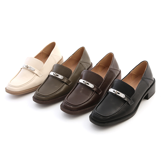 Metal Buckle Wooden Heel Loafers Dark Brown