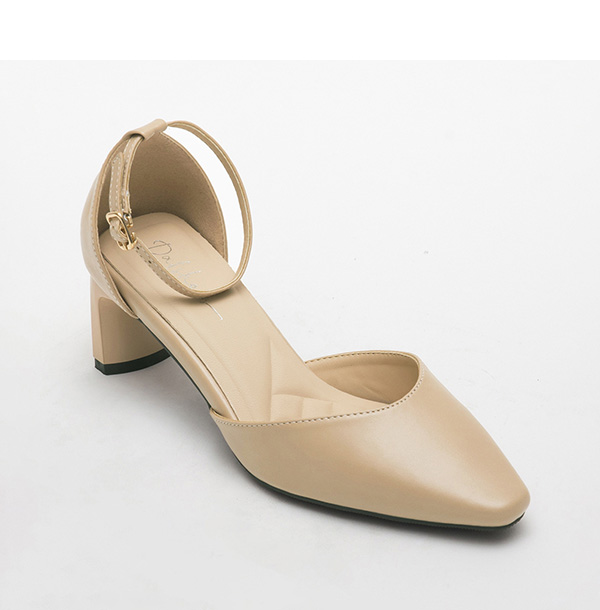 4D Cushioned Pointed Toe Flat Heel Mary Jane Shoes Almond