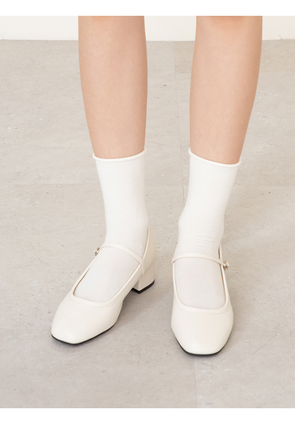 甜蜜蜜方頭氣質粗跟瑪莉珍鞋 米白色