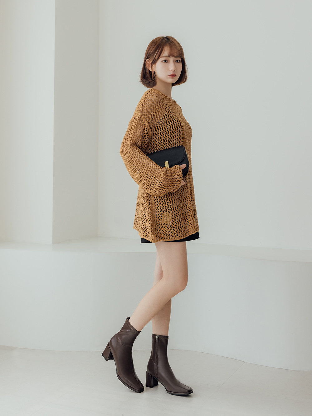 美麗零死角.素面方頭高跟瘦瘦靴 復古咖