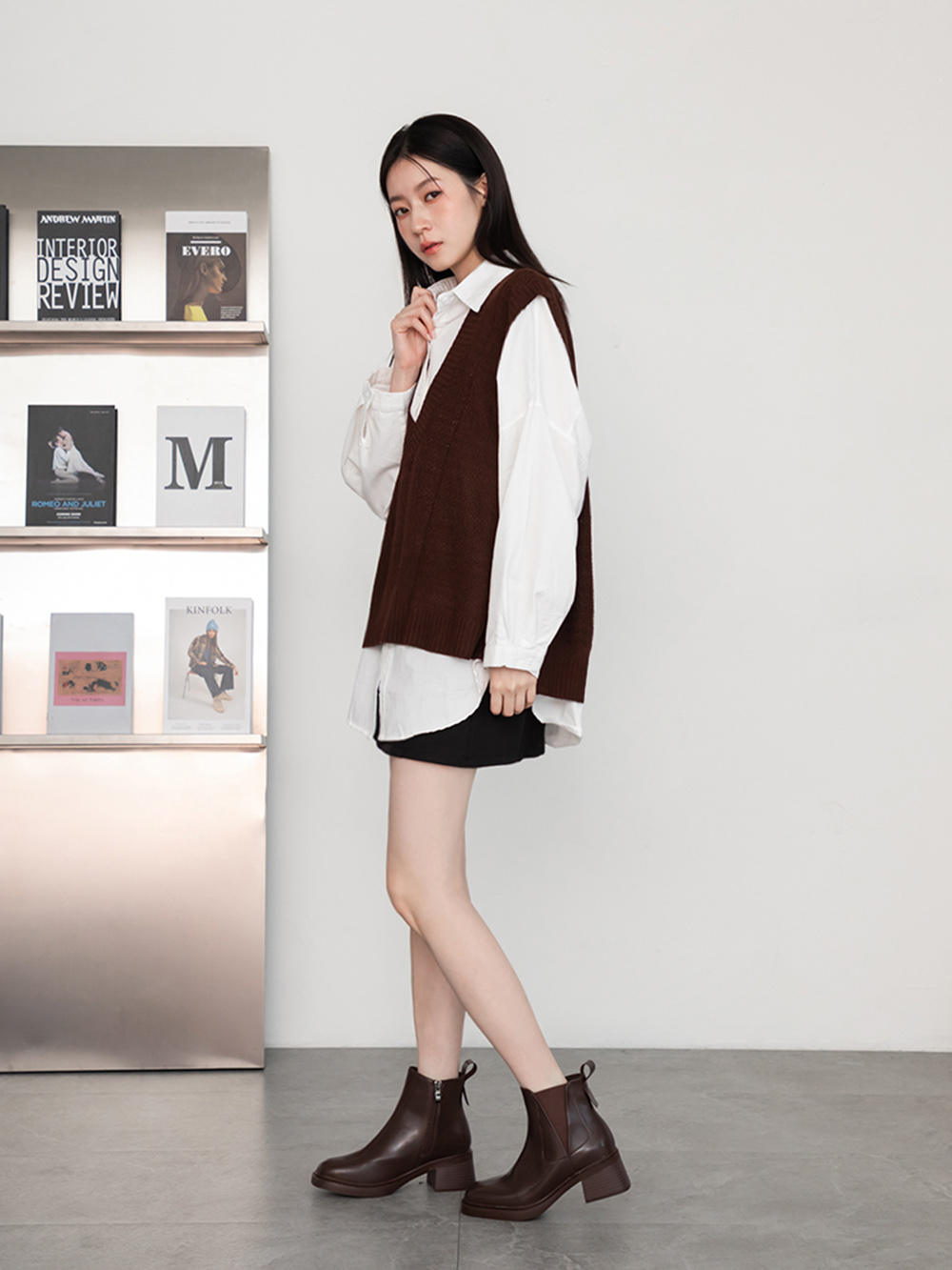 時髦指標方頭木紋跟切爾西短靴 咖啡