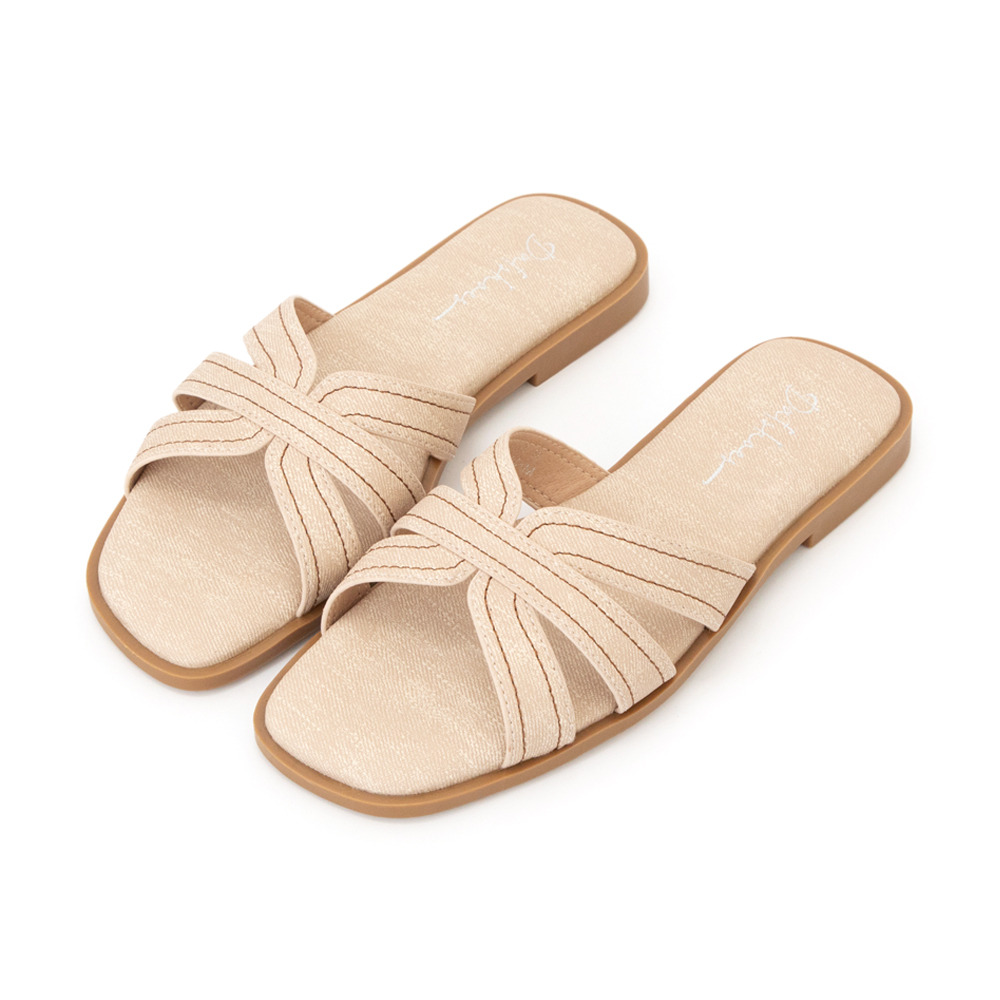 慵懶假期立體車線平底拖鞋 米白