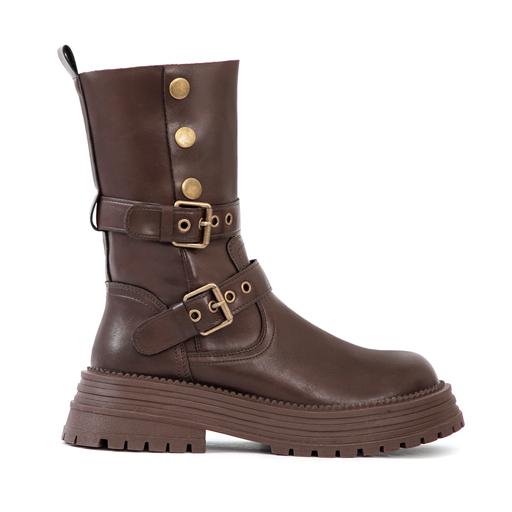 復古騎士釦環排釦機車短靴 咖啡