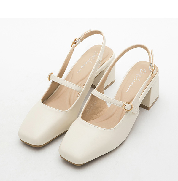 4D Cushioned Square Toe Mid-Heel Mary Jane Shoes Beige