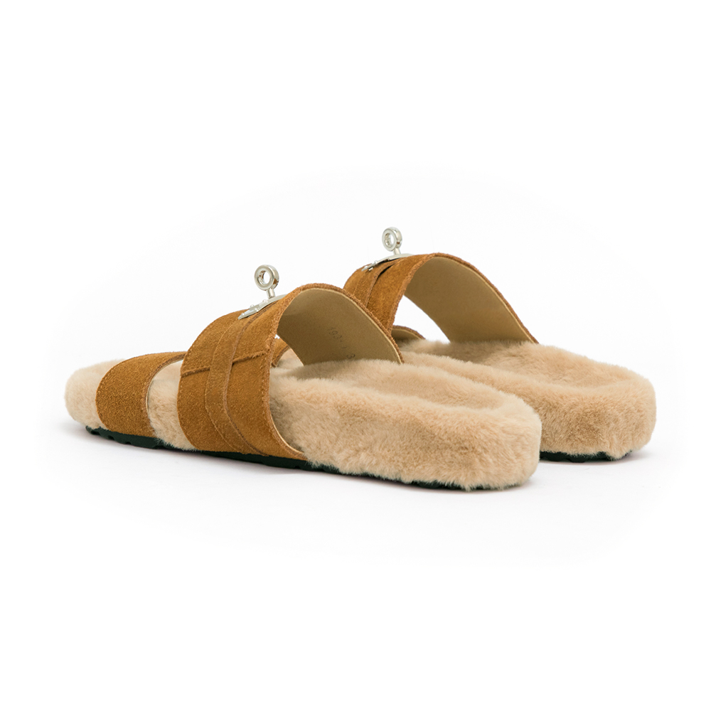 質感金屬鎖釦真皮毛毛拖鞋 棕色