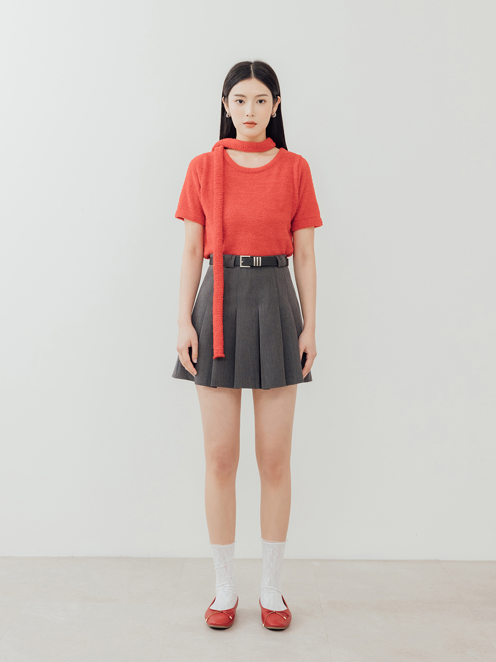 浪漫花釦．小蝴蝶結平底芭蕾娃娃鞋 魅力紅