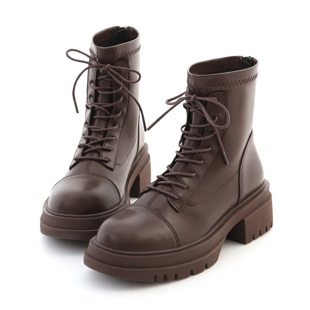 Soft Leather Thick Sole Lace-up Boots Dark Brown