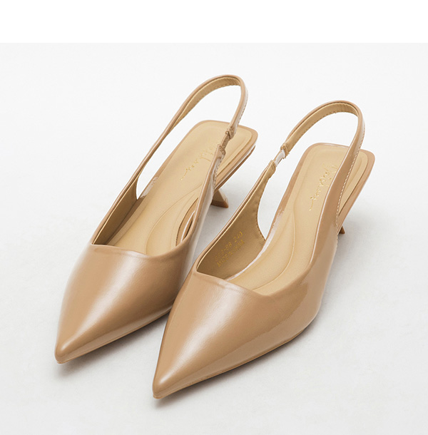 Elegant Pointed Toe Patent Mid-Heel Slingbacks 奶茶