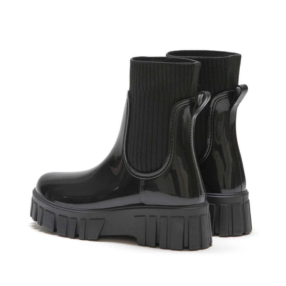 潮人時尚．鋸齒底針織拼接短筒雨靴 時尚黑