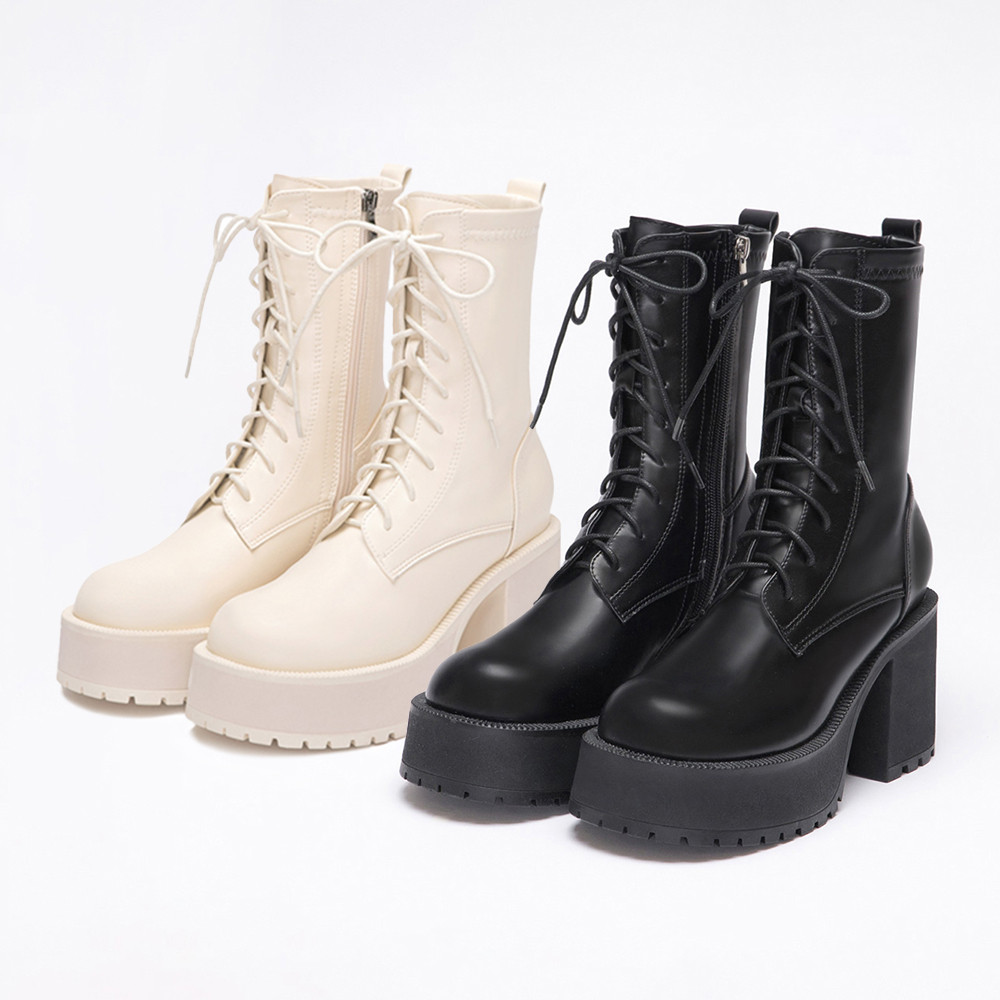 Thick Sole High-Heel Lace-up Boots Black