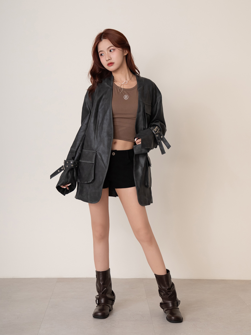 潮流對決釦環堆堆褲管短靴 咖啡色