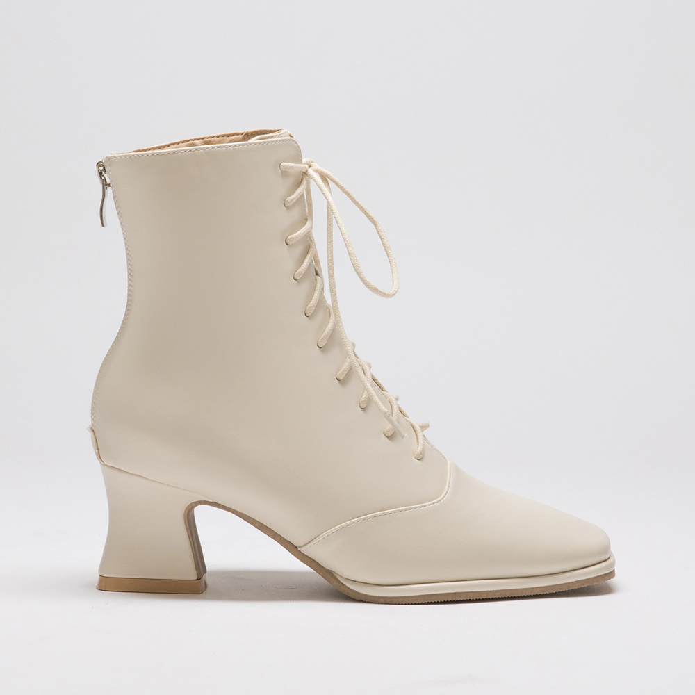 Square Toe Curved Heel Lace-Up Boots Vanilla