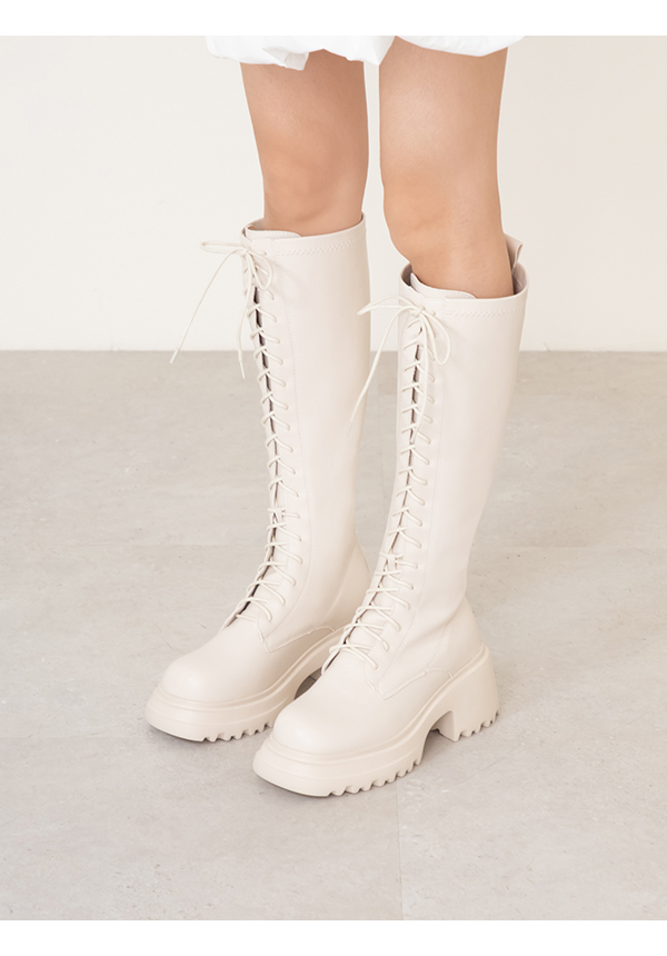 女團風輕量厚底綁帶長靴 米白色